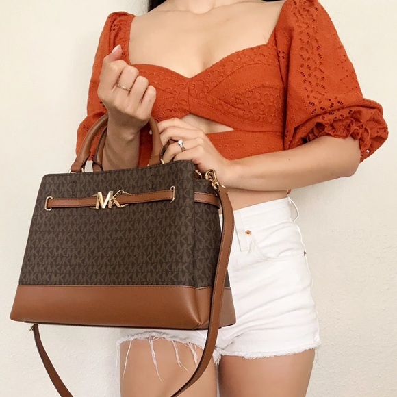 Michael Kors Reed Large Belted Satchel Bag Purse Brown MK Signature - Picture 2 of 8